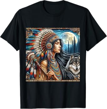 indian native american woman with white wolf vintage gifts T-Shirt