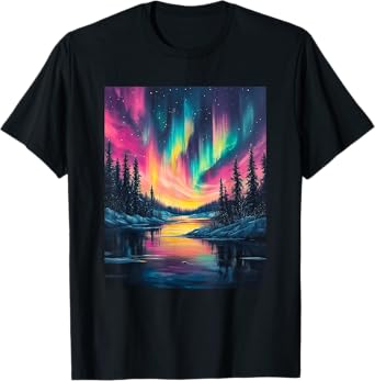 Alaska Landscape Aurora Borealis Northern Lights Vacation T-Shirt