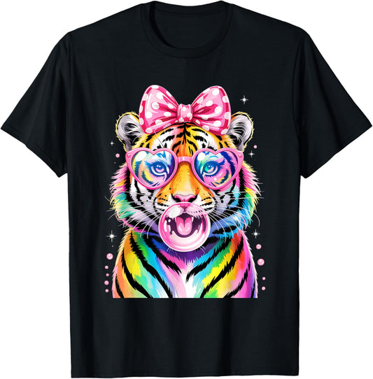 Cool Rainbow Tiger with Sunglasses Bubblegum Cute Girls T-Shirt