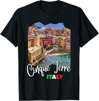 Cinque Terre Italy Souvenirs Cinque Terre Aerial View T-Shirt, Unisex-Adults, Black, Small, Short Sleeve