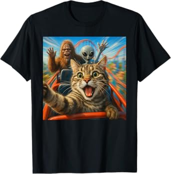 Funny Cat Selfie with Big Foot & Alien Roller Coaster Meme T-Shirt