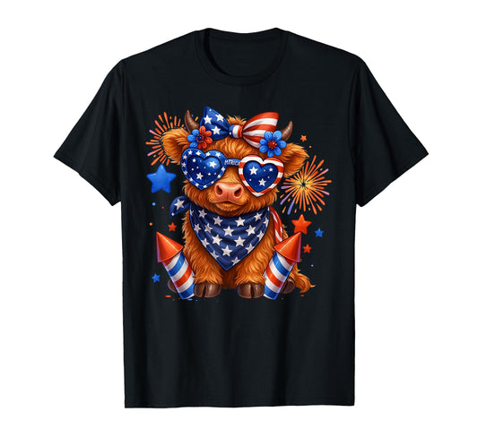 Cute Highland Cow 4th Of July USA Flag Patriotic Cow Farmer T-Shirt