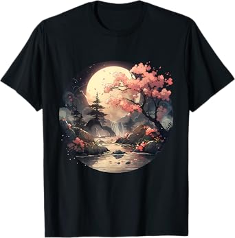 Vintage Cherry Blossom Woodblock Tee Japanese Graphical Art T-Shirt