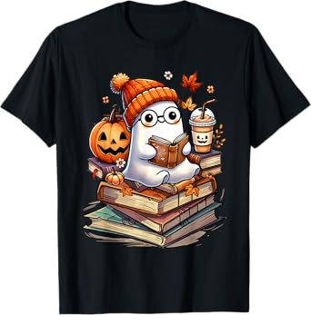 Cute Ghost Reading Book Lovers Autumn Fall Halloween Ghost T-Shirt