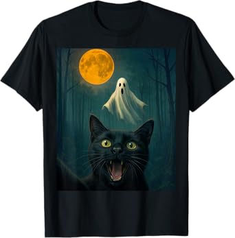Funny Scared Cat Selfie with Ghost Halloween Day Women Men T-Shirt