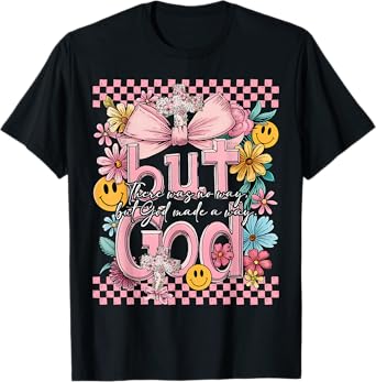 But God Pink Christian Floral Bow Teen Girls Scripture Retro T-Shirt