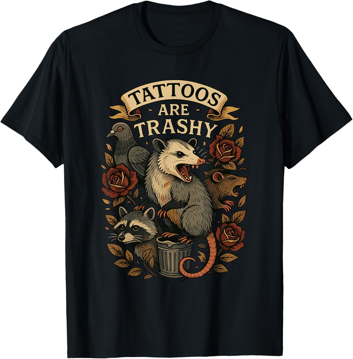 Trashcore Possum Raccoon Rat Pigeon Anti Tattoo Joke Trashy T-Shirt