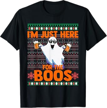 Funny Halloween Ghost Here For The Booze Joke Ugly Sweater T-Shirt