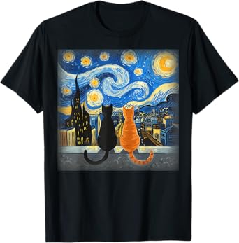 Vincent Van Gogh Starry Night Cat T-Shirt Gift for Cat Mom & Dad
