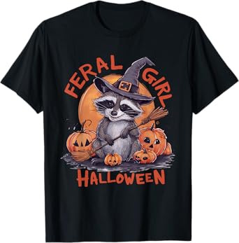 Feral Girl Halloween Spooky Witch Funny Raccoon Pumpkin T-Shirt