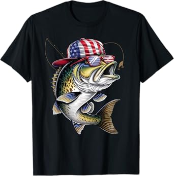 Funny Patriotic Fishing Bass Fish American Flag Fisherman T-Shirt