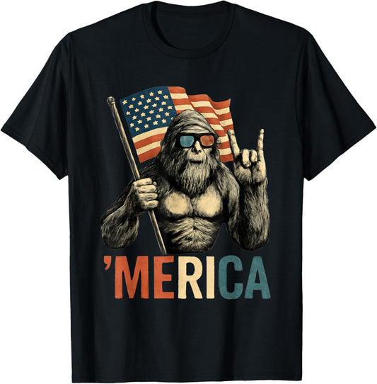 Bigfoot Merica American Flag Patriotic 4th Of July T-shirt