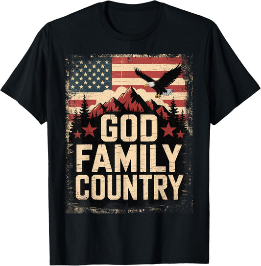 God Family Country with American Flag, Mountains and Eagle T-Shirt