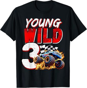 Kids 3rd Birthday Young Wild and Three 3 Year Monster Truck T-Shirt