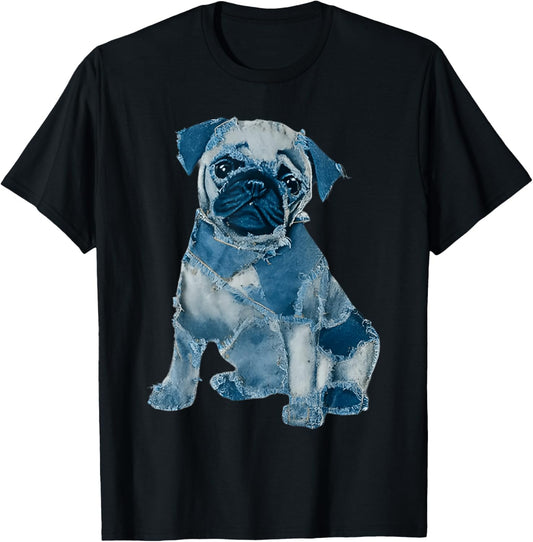 Cute Dog Patchwork Denim Art Funny Pug Dog Lover T-Shirt