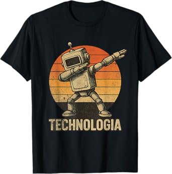 Dabbing Robot with Retro Sunset -- Funny Technologia Design T-Shirt