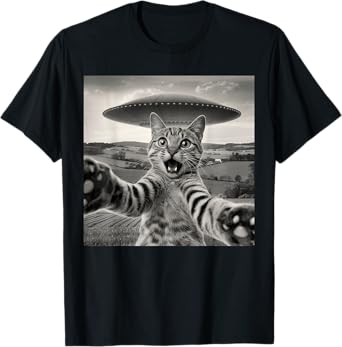 Cat Selfie With Alien UFOs Funny Cat Sarcastic Humor Meme T-Shirt for Men Women Kids