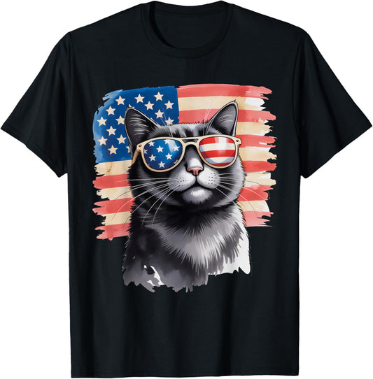 American Flag Black Cat Usa 4th Of July Cat Lover Men Women T-shirt