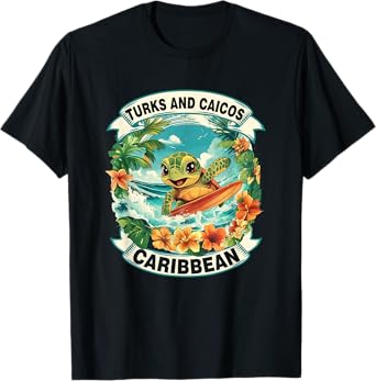 Turks And Caicos Caribbean Cute Sea Turtle Surfing Summer T-Shirt