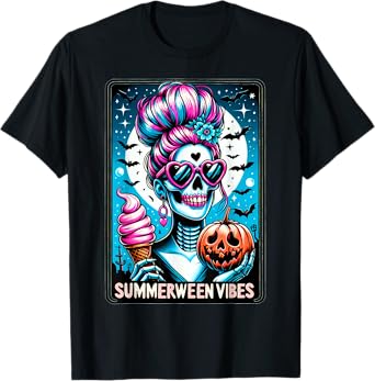 Summerween Vibes Skeleton Ice Cream Summer Vacation Funny T-Shirt