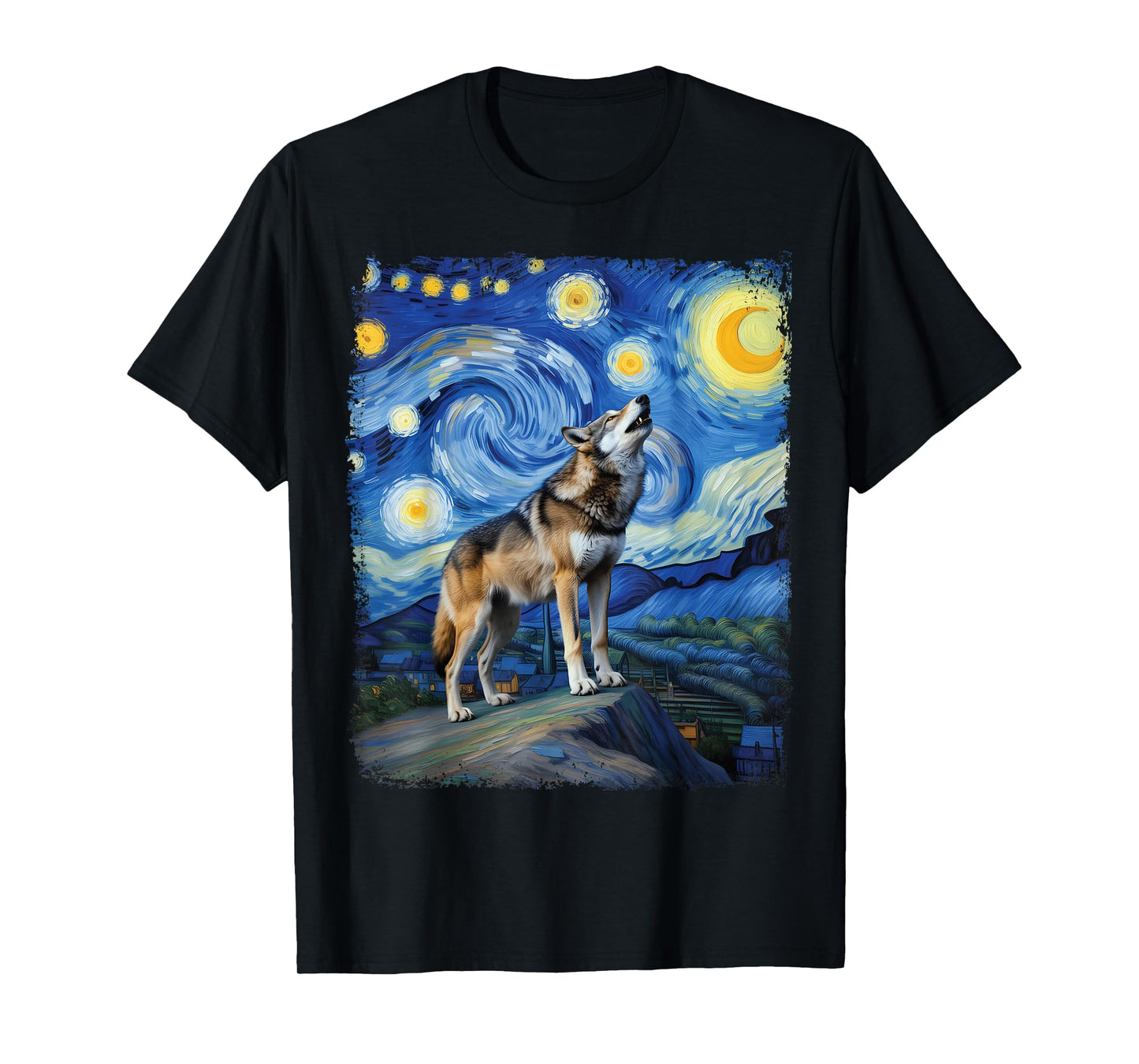 Wolf Starry Night Howling Moon Wildlife Painting T-Shirt