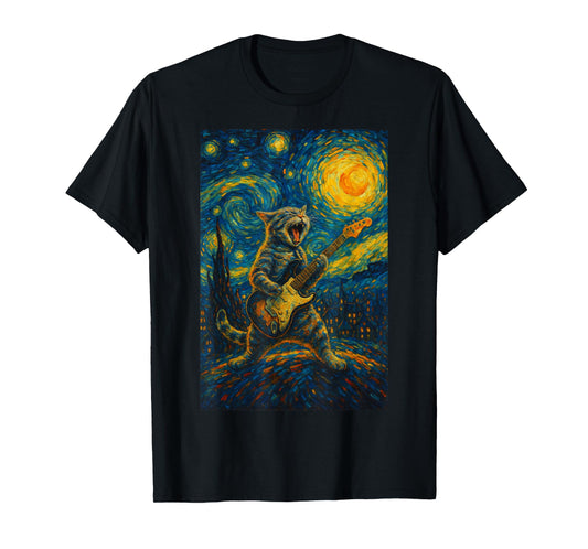 Cat Playing Guitar Rock Star Rock and Roll Cat Lover Art T-Shirt