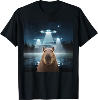 Funny Graphic Costume Capybara Selfie with UFOs Weird T-Shirt