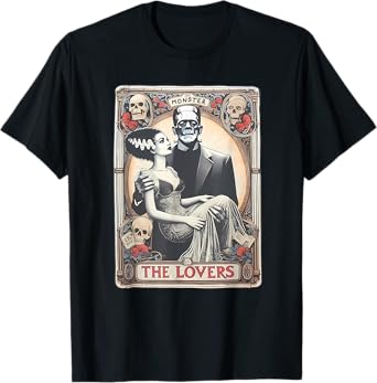 Retro Halloween Frankenstein Tarot Card T-Shirt - Unisex Adults - Black - Small - Short Sleeve - Regular Fit - Cotton 100%, Polyester Blend - Halloween, Retro, Couples, Tarot Card Fans, Unisex