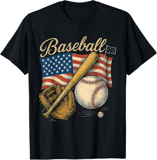 American Flag Baseball Player Bat Fan Catcher Pitcher USA T-Shirt