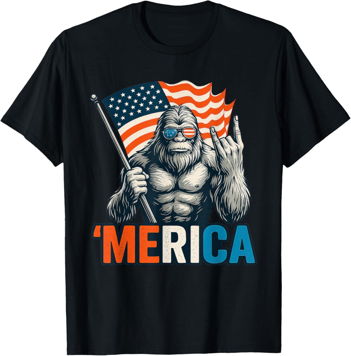 Bigfoot Merica Rock American Flag Patriotic 4th Of July T-Shirt