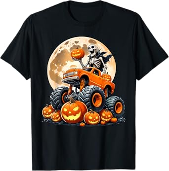 Skeleton Riding Monster Truck Halloween Pumpkin Kids Toddler T-Shirt