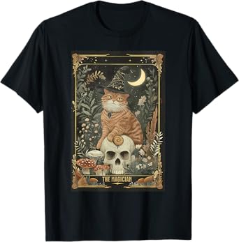 Witchy Cute Cat Tarot Card Gothic Cottagecore Mushroom Skull T-Shirt
