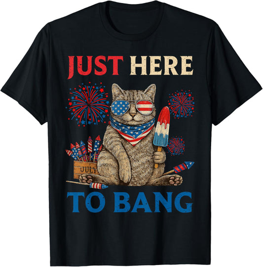 Just Here To Bang Funny Patriotic Cat 4th Of July Usa Flag T-shirt