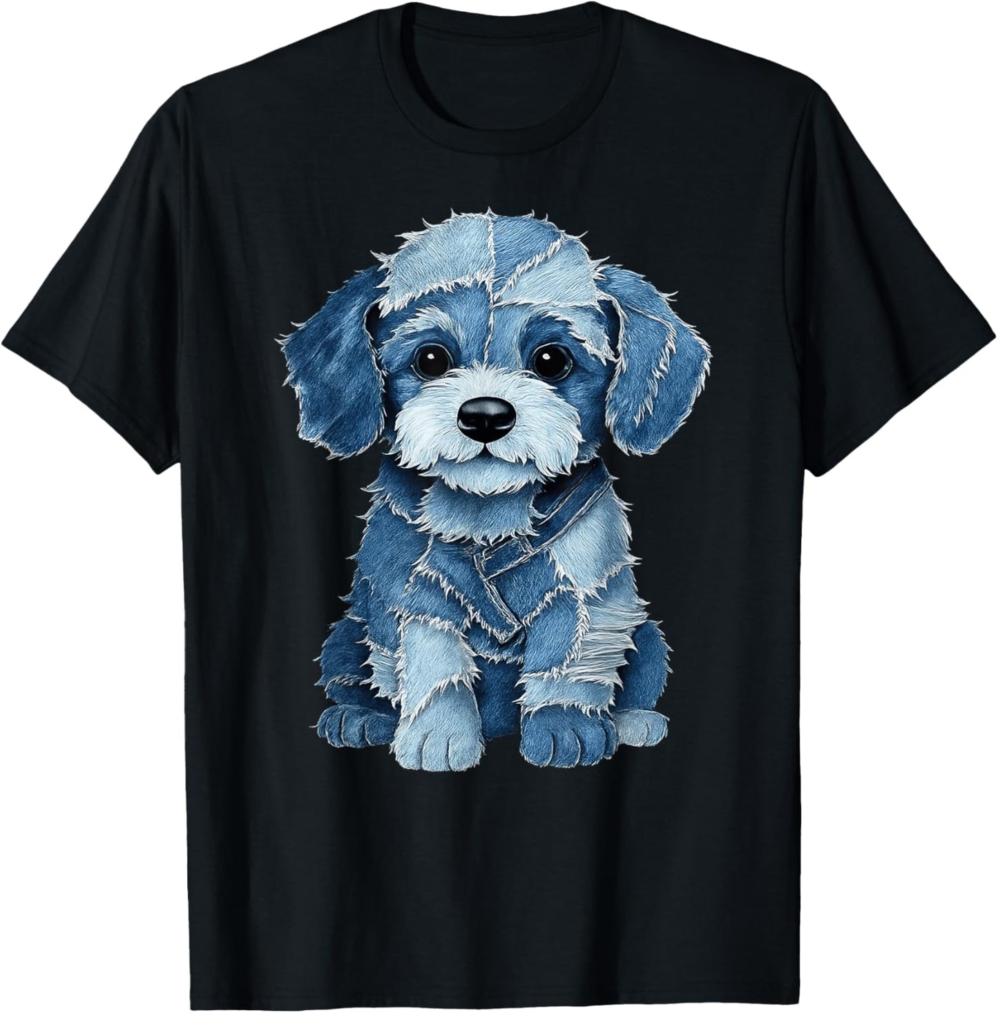 Retro Funny Dog Pattern Denim Patchwork Animal T-Shirt