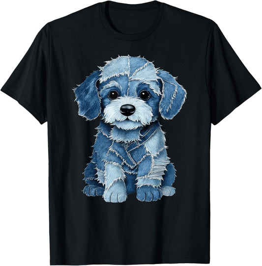 Retro Funny Dog Pattern Denim Patchwork Animal T-Shirt