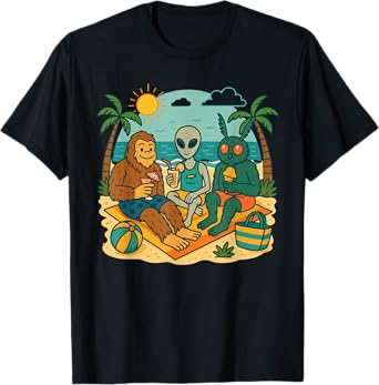 Summer Cryptid Beach with Bigfoot Alien and Mothman Cryptids T-Shirt