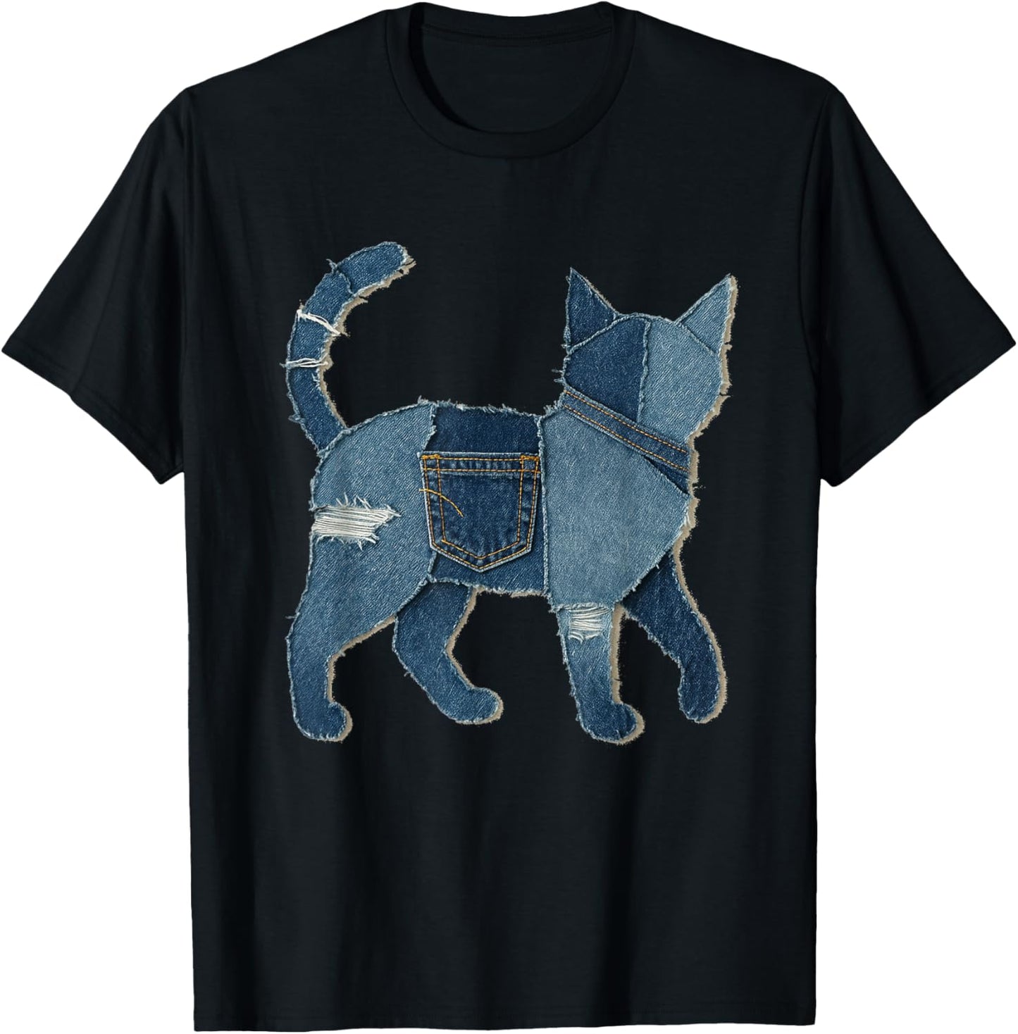 Retro Funny Cat Pattern Denim Patchwork Art Cat Lover T-Shirt