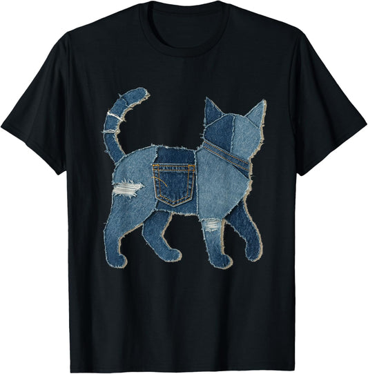 Retro Funny Cat Pattern Denim Patchwork Art Cat Lover T-Shirt