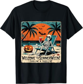 Summerween Skeleton Beach Halloween Tropical Art T-Shirt