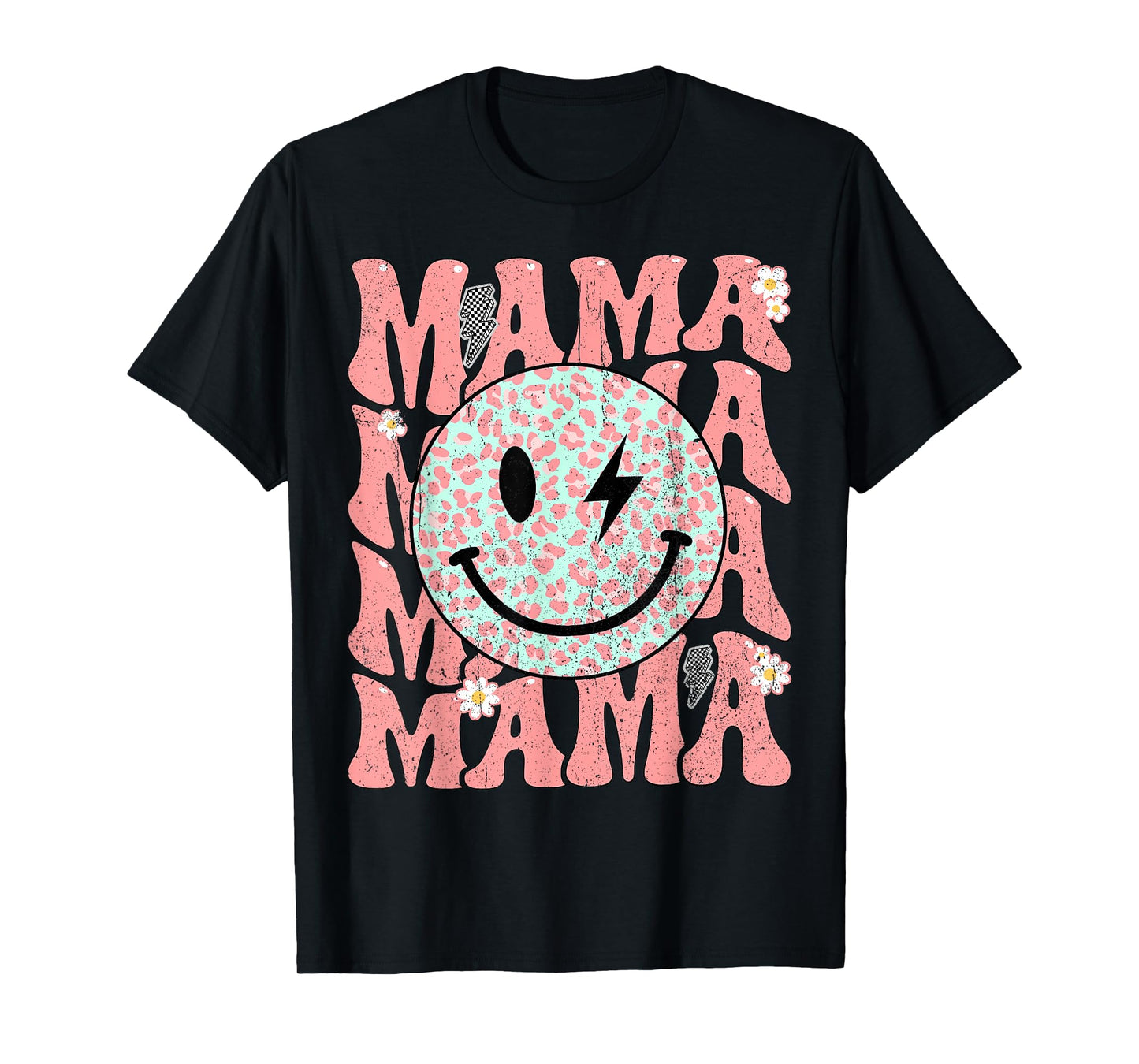 Groovy Mama Smile Face Leopard Bolt Lightning Retro Mom Life T-Shirt
