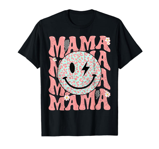 Groovy Mama Smile Face Leopard Bolt Lightning Retro Mom Life T-Shirt