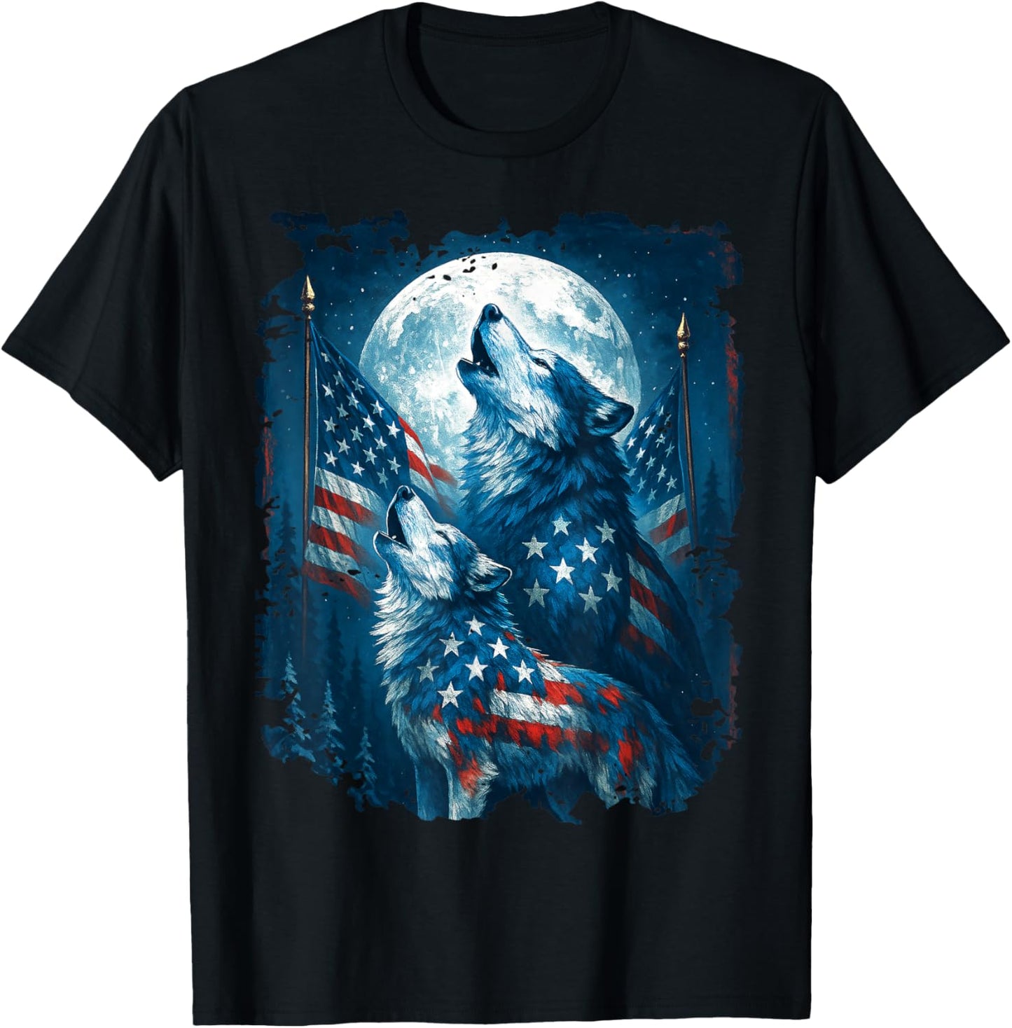 4th Of July American Flag Wolf Howling Moon Wolves July 4th T-shirt