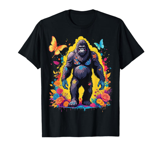 Bigfoot Flowers & Butterflies Sasquatch Yeti Hide & Seek T-Shirt