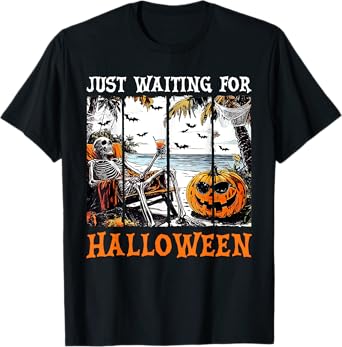 Retro Skeleton Summer Beach Just Waiting for Halloween Funny T-Shirt