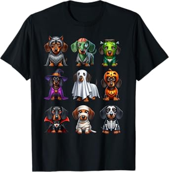 Dachshund Dogs Witch Zombie Mummy Skeleton Pumpkin Halloween T-Shirt