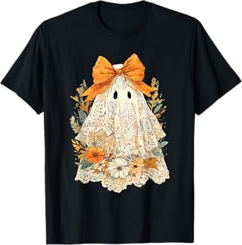 Vintage Floral Halloween Fall Girly Ghost Lace Spooky Season T-Shirt