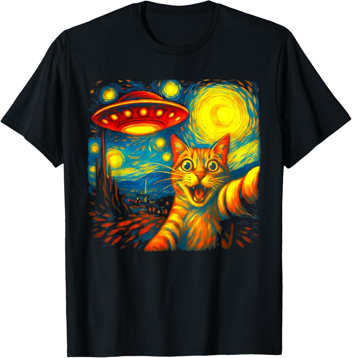 Cat Selfie With Alien Ufo Funny Starry Night Van Gogh T-shirt
