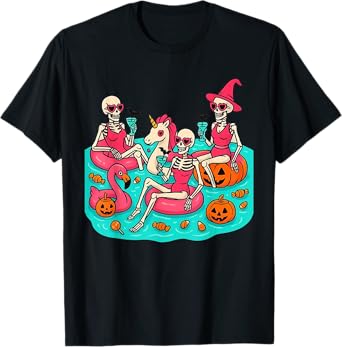 Summerween Skeleton Flamingo Just Waiting for Halloween T-Shirt