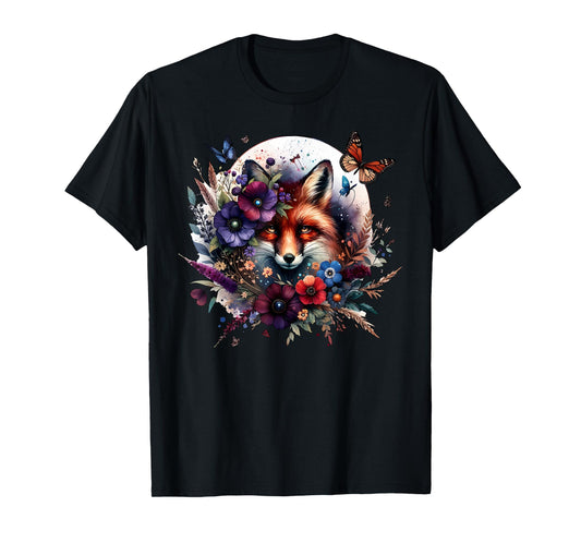 Cottagecore Floral Fox Butterfly Moon Wildlife Animal T-Shirt