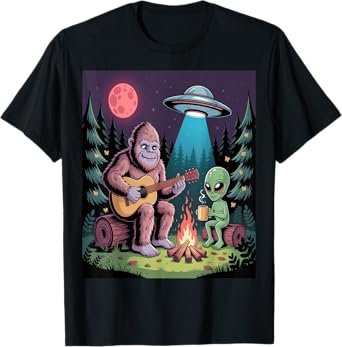 Funny Alien and Bigfoot Hiking Moon Sasquatch UFO Campfire T-Shirt